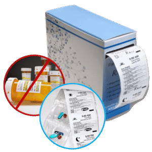 Prescription packaging in tear-off blister packs in a box