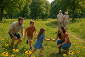 Family playing in a Kalamazoo County park in the summer.